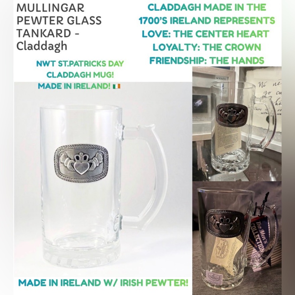 NWT GLASS CLADDAGH MUG! HANDMADE IN IRELAND! ST PATRICK’S DAY!